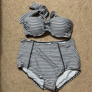 Black and white striped two piece swimwear